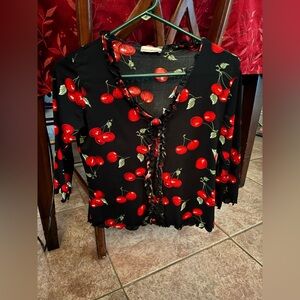 Susan Lawrence Black & Red Cherry Print Blouse